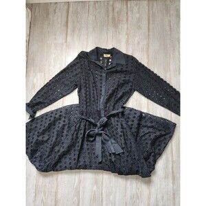 VTG Bonnie Strauss Navy Blue Eyelet Button Front Maxi Dress Tie Waist Sz 12